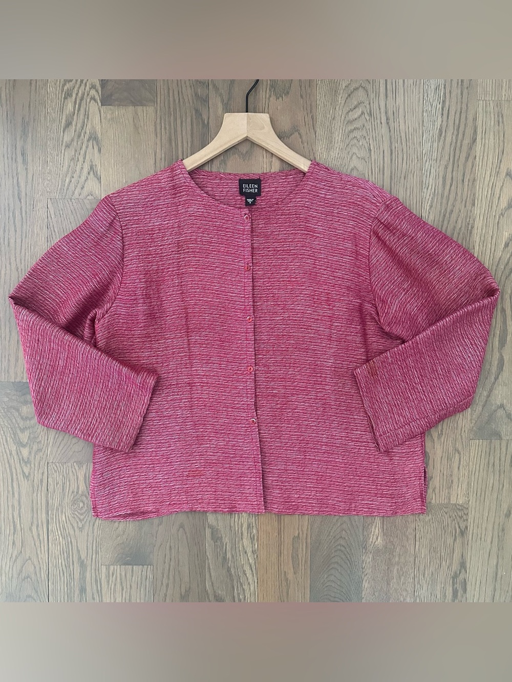 Eileen Fisher Linen Silk Blend Mandarin Collar Woven Jacket Raspberry Red Small